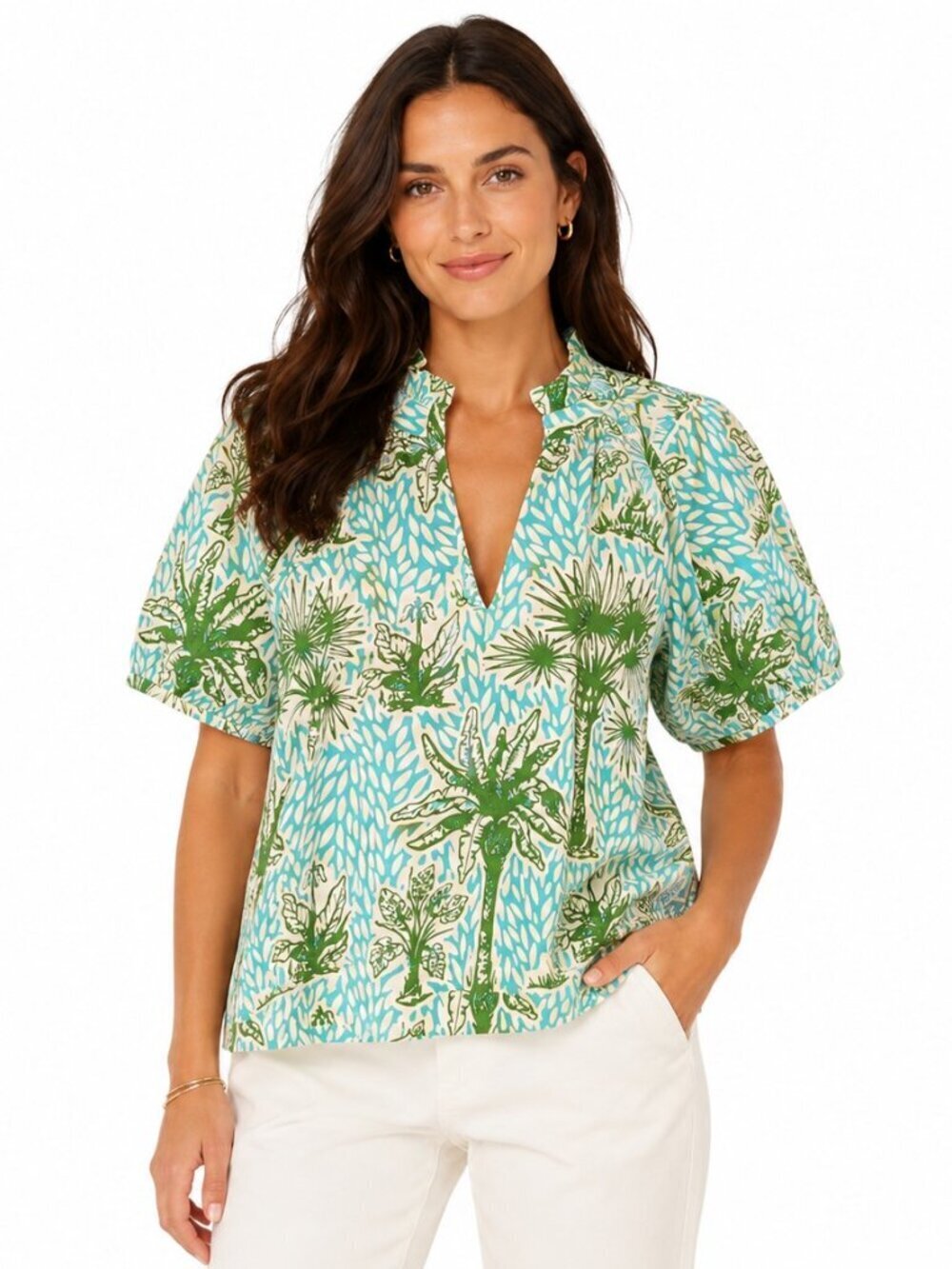 Olivia James Tropical Palm Print Cotton Tunic Top NWOT